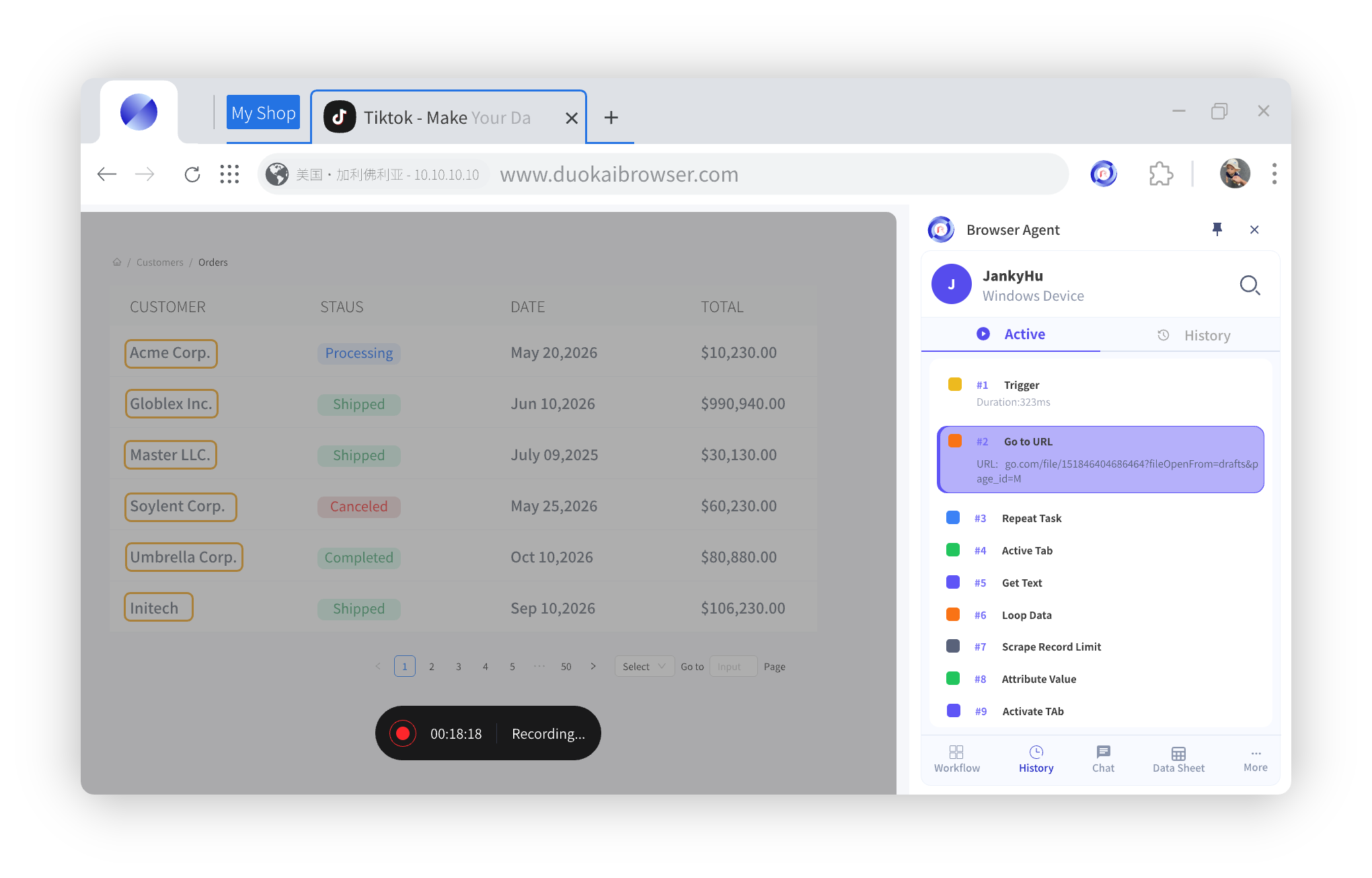 Browser Agent recording browser actions, generating steps, and preparing them for replay