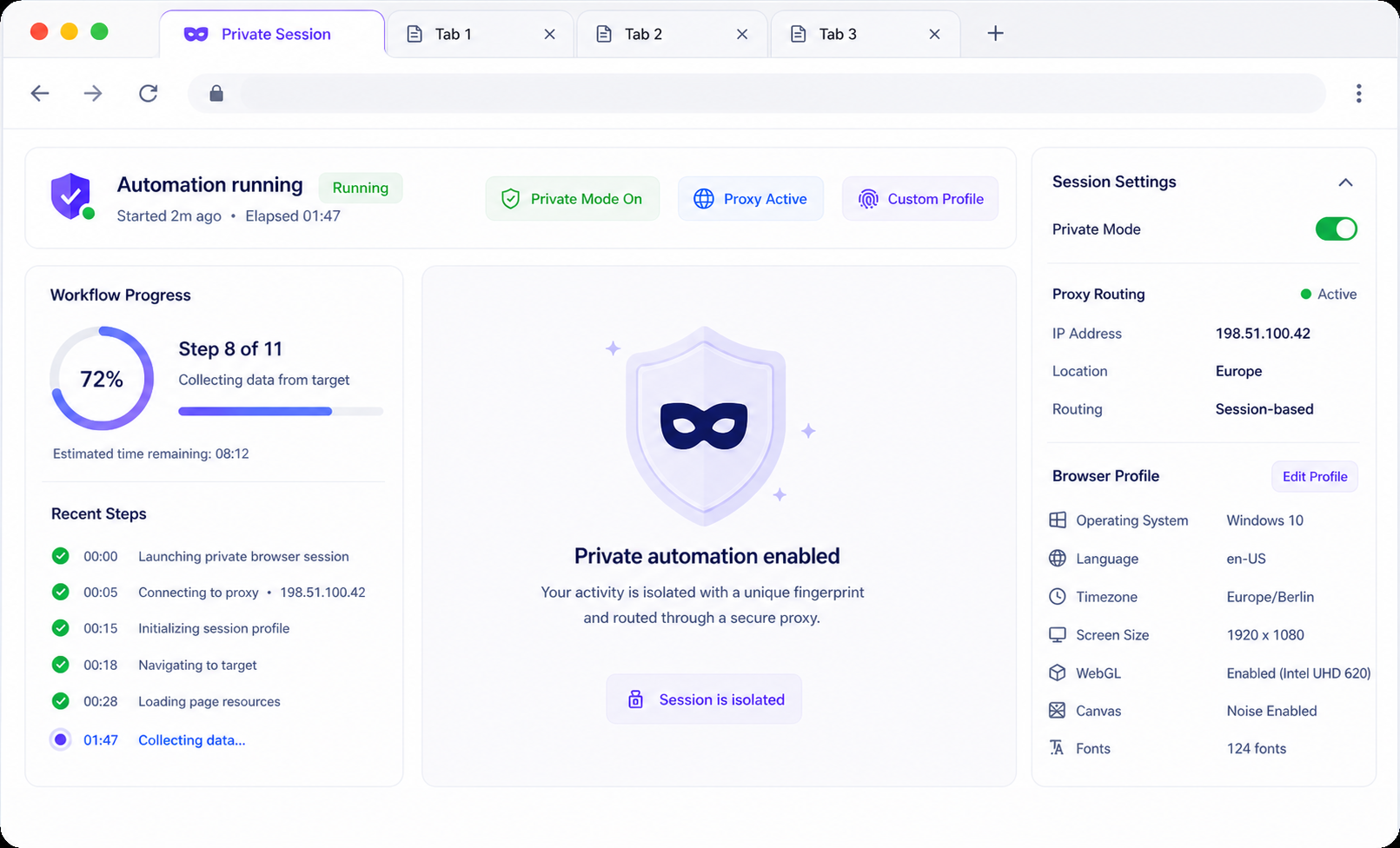 Private browser automation running with controlled proxy, fingerprint, and isolated session settings
